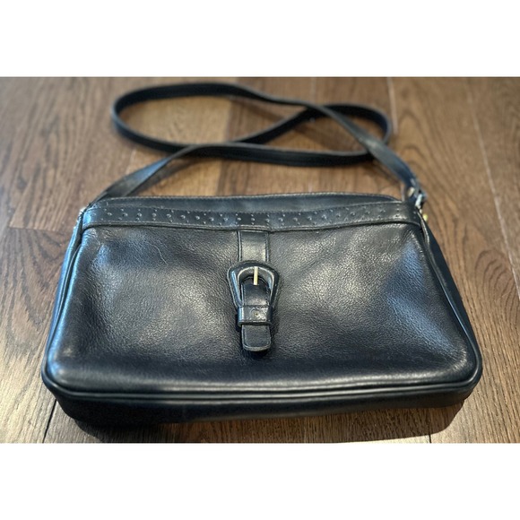 Etienne Aigner Handbags - Etienne Aigner Vintage Black Leather Crossbody Bag Ostrich Embossed Trim